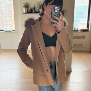 Sandro Tan Utility Jacket with Fur Hood